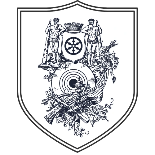 Das Wappen des Schützenvereins Lustgarten zeigt eine Schießscheibe, gekreuzte Gewehre, Eichenlaub und historische Figuren, die Tradition und Gemeinschaft symbolisieren.